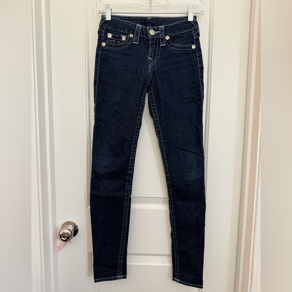 TRUE RELIGION mid-rise skinny jeans, Size 24, dark denim blue